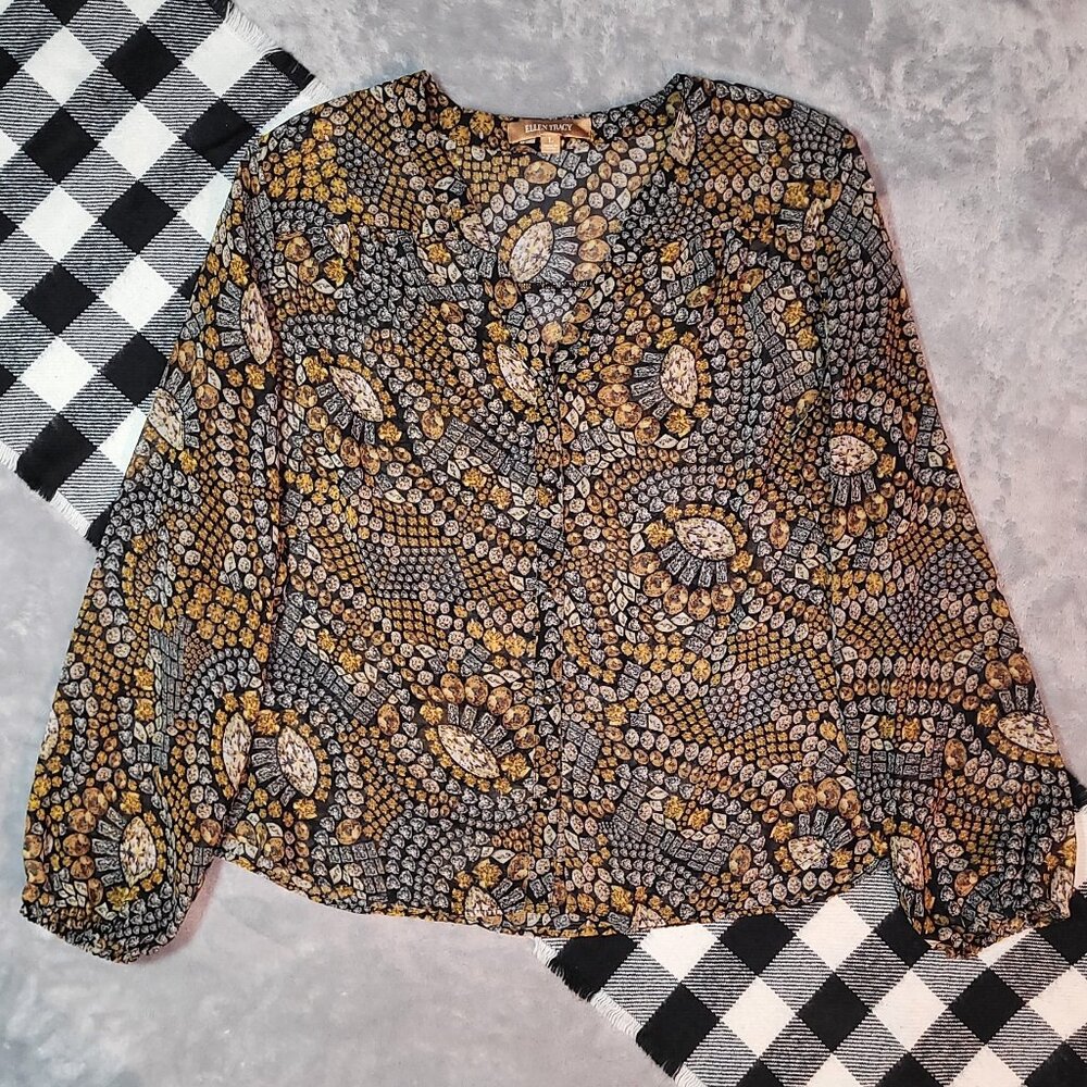 L  | Ellen Tracy | Retro Jewel Long Sleeve Button Down Blouse